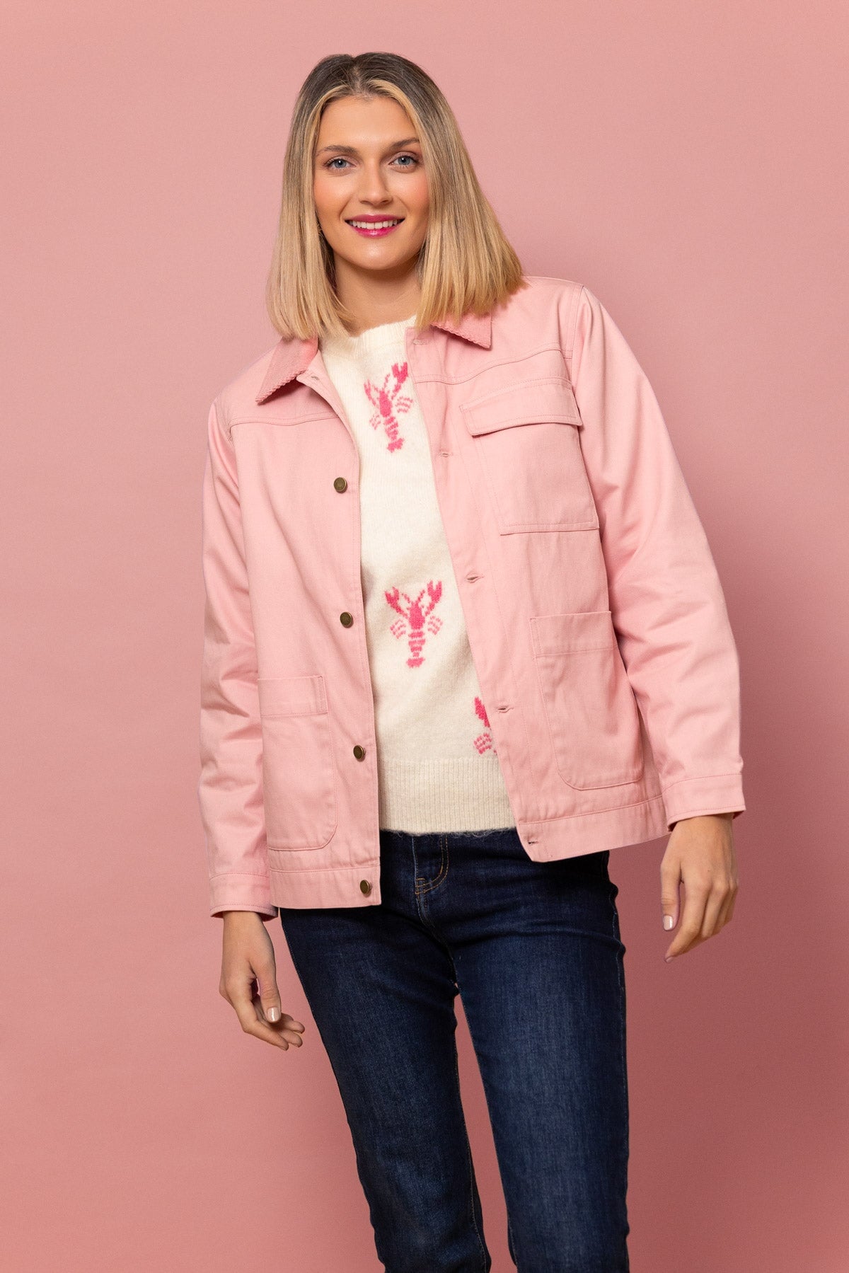Canvas Shacket with Corduroy Collar in Pink