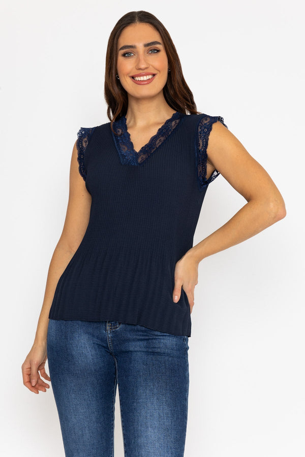 Carraig Donn Cap Sleeve Lace Trim Pleated Top in Navy