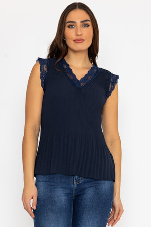 Cap Sleeve Lace Trim Pleated Top in Navy