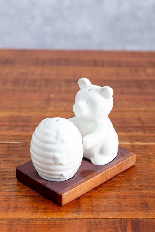 Ceramic Salt & Pepper Set With Acacia Wood Base