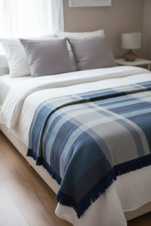Checked Blue Blanket With Fringes
