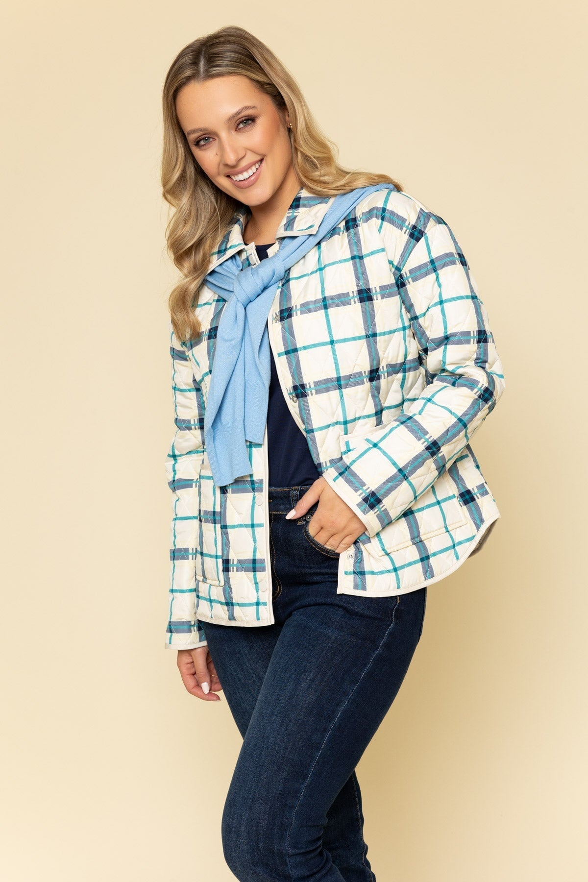 Checked Quilted Jacket in Cream