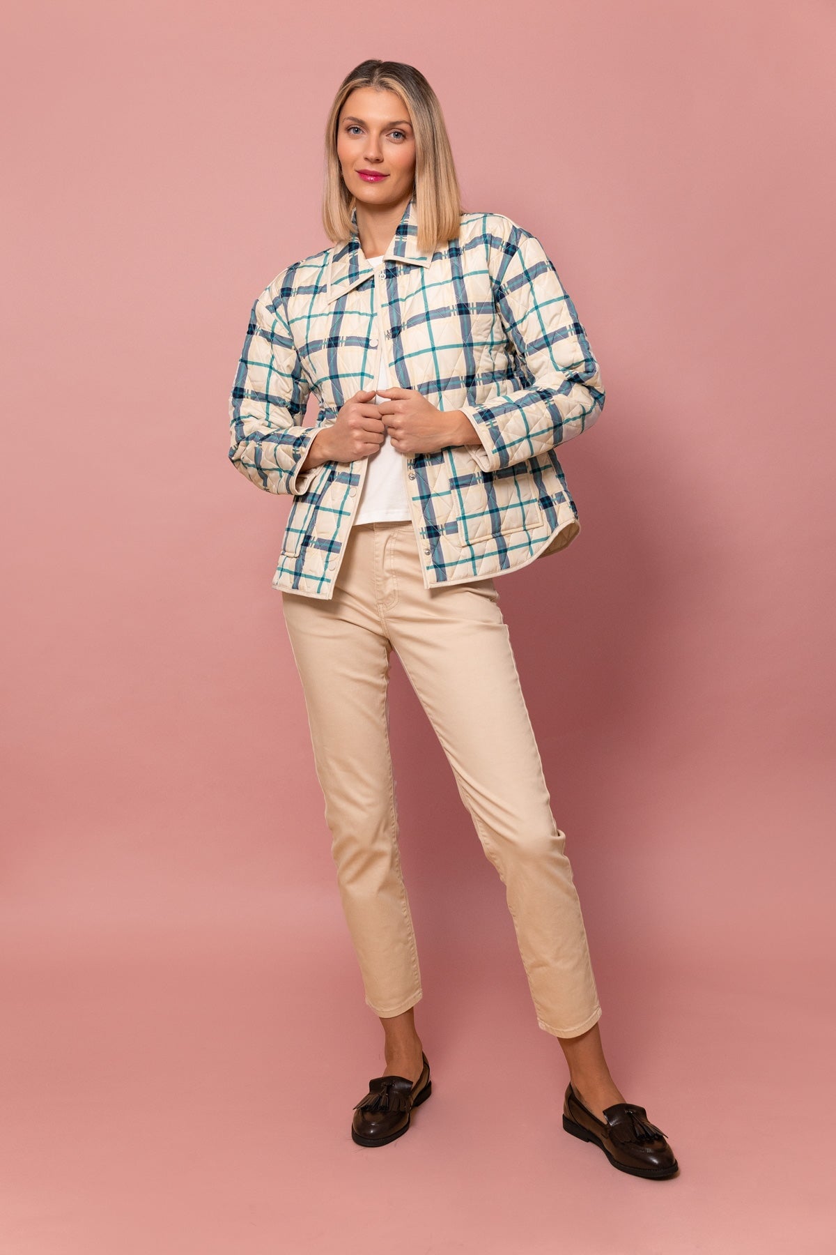 Checked Quilted Jacket in Cream