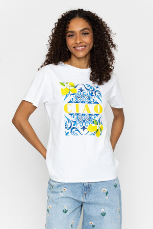 Carraig Donn Ciao Lemon Print White T-Shirt