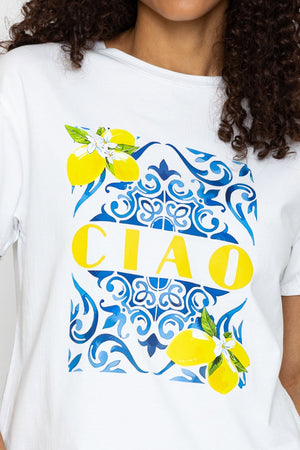 Carraig Donn Ciao Lemon Print White T-Shirt