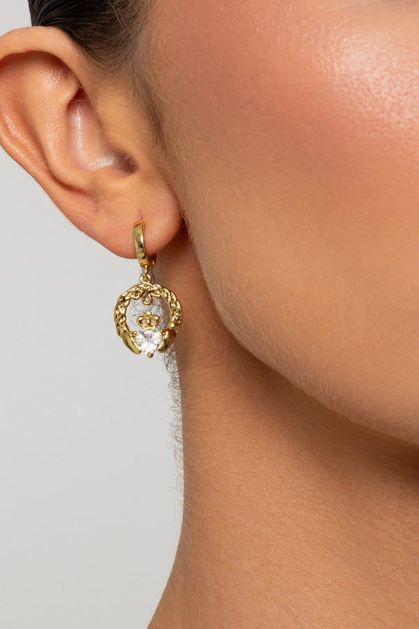 Carraig Donn Clear Stone Claddagh Hoop Earrings