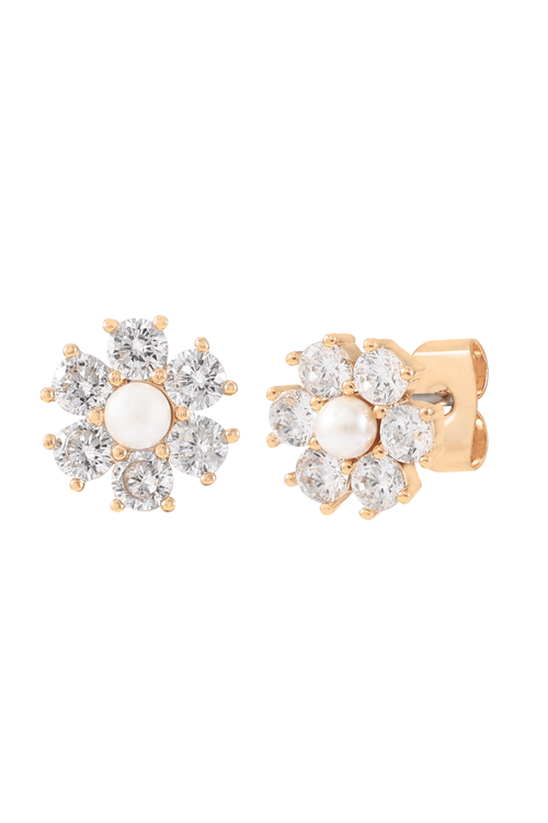 Clear Stone & Pearl Flower Stud Earrings