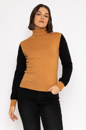Colour Block Roll Neck in Camel