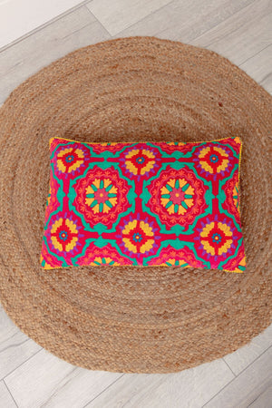 Coral Geometric Velvet Embroidered Cushion