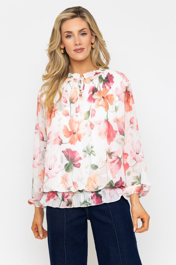 Carraig Donn Coral Long Sleeve Printed Tie Neck Top