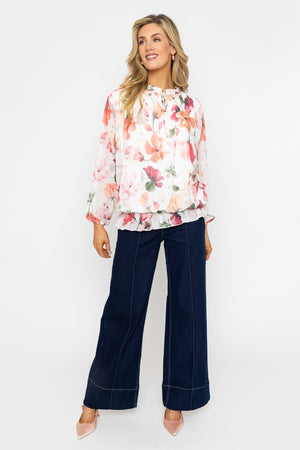 Carraig Donn Coral Long Sleeve Printed Tie Neck Top