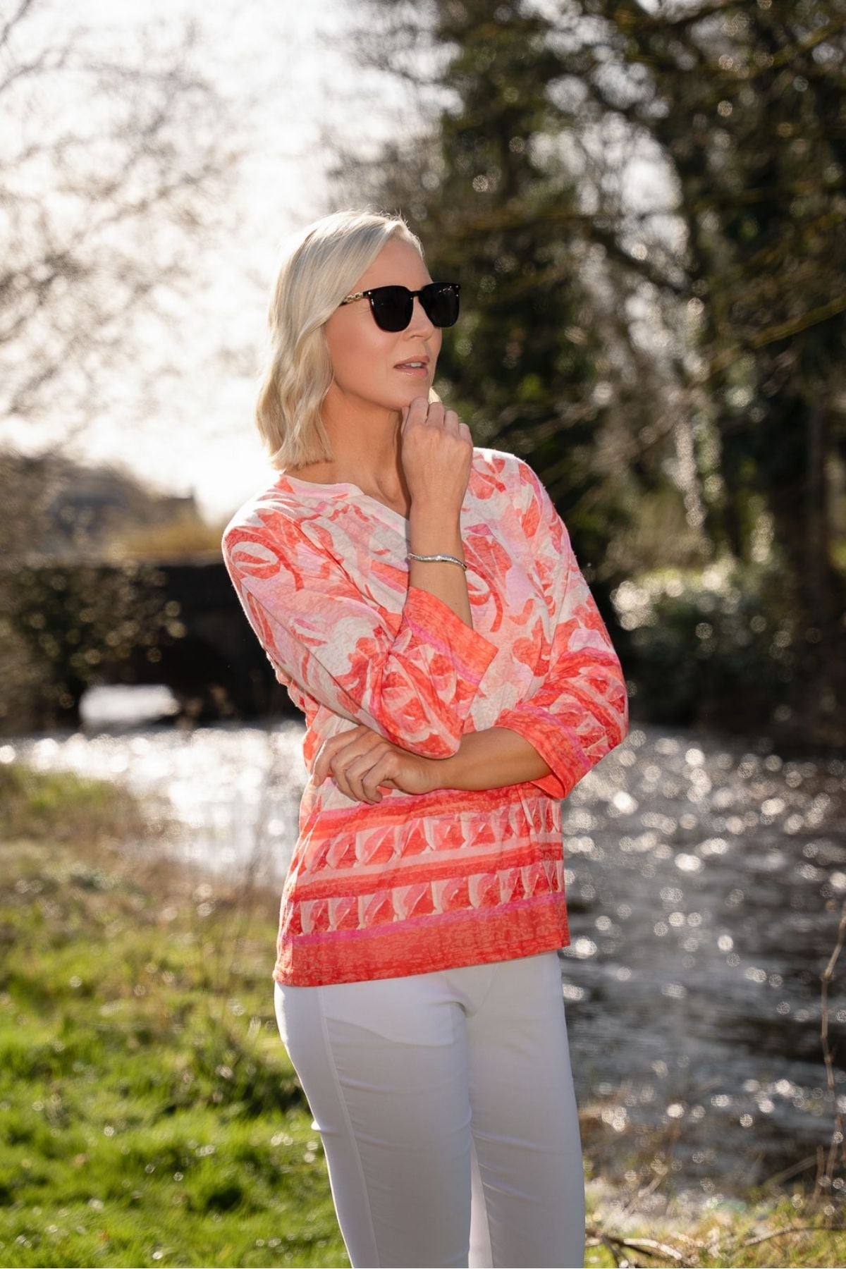 Coral Printed Placket Top