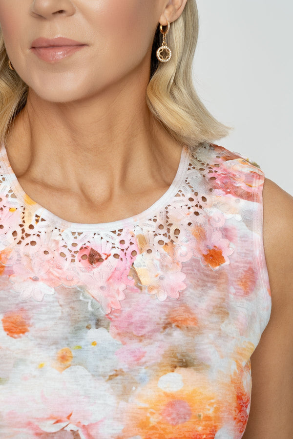 Carraig Donn Coral Printed Sleeveles Top With Lace