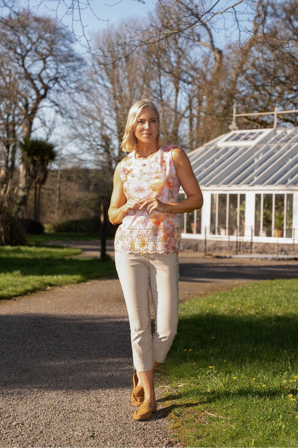 Carraig Donn Coral Printed Sleeveles Top With Lace