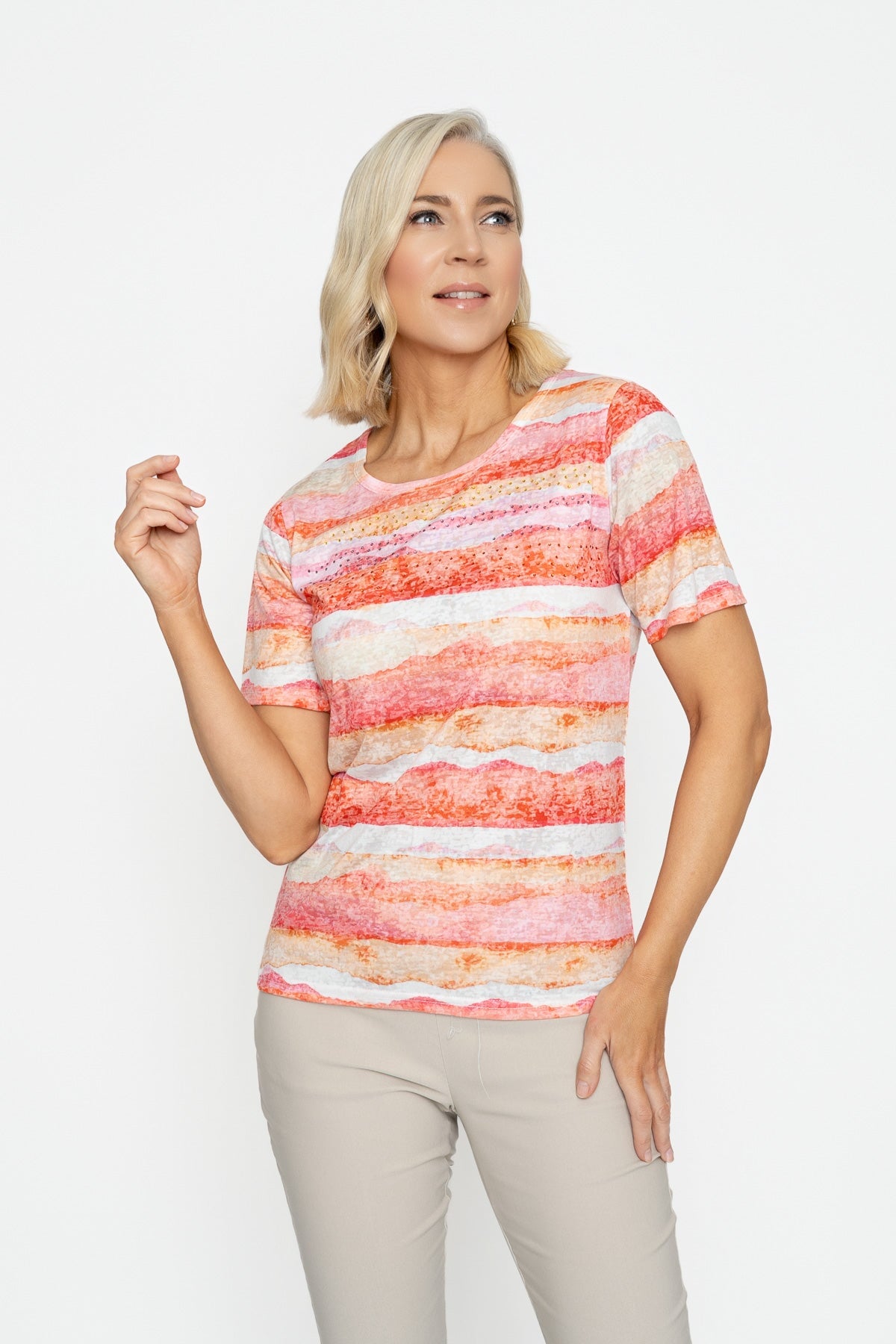Coral Printed Top With Stones