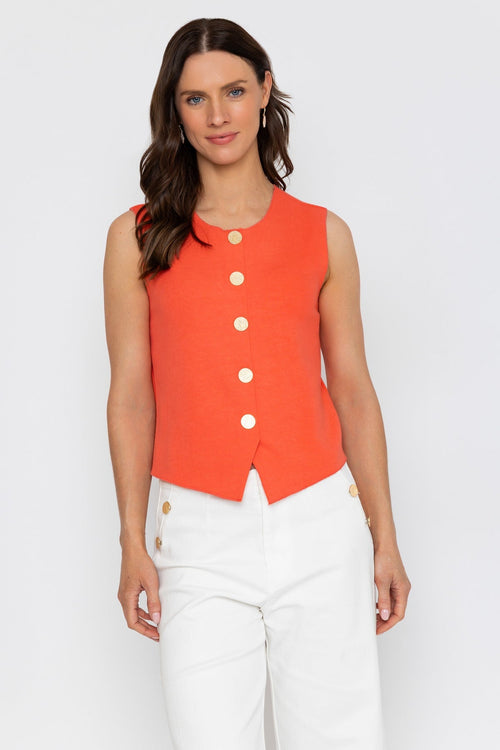 Coral Sleeveless Gold Button Top