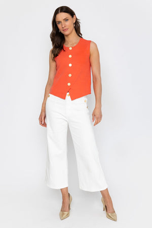 Carraig Donn Coral Sleeveless Gold Button Top