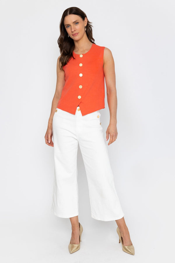 Carraig Donn Coral Sleeveless Gold Button Top