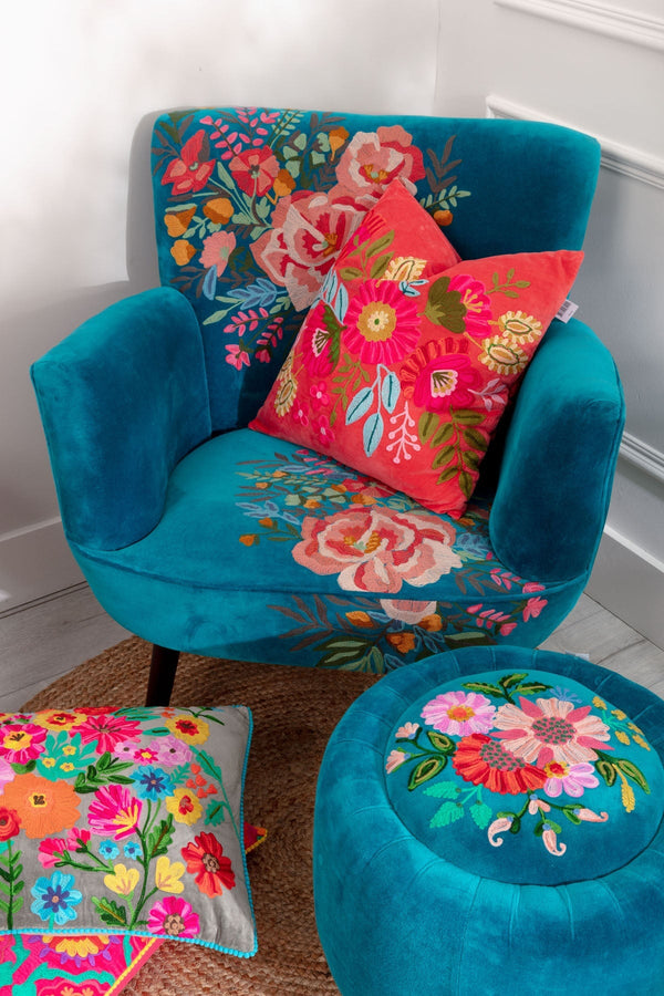 Carraig Donn Coral Velvet Floral Embroidered Cushion