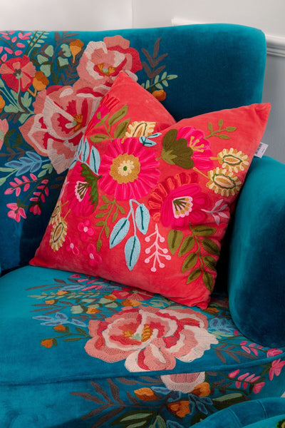 Carraig Donn Coral Velvet Floral Embroidered Cushion