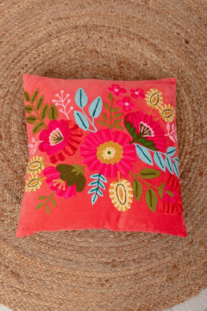 Coral Velvet Floral Embroidered Cushion