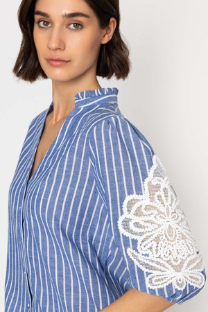 Carraig Donn Cotton Blend Embroidered Shirt in Denim Blue