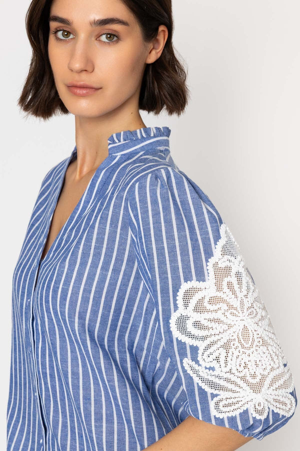 Carraig Donn Cotton Blend Embroidered Shirt in Denim Blue