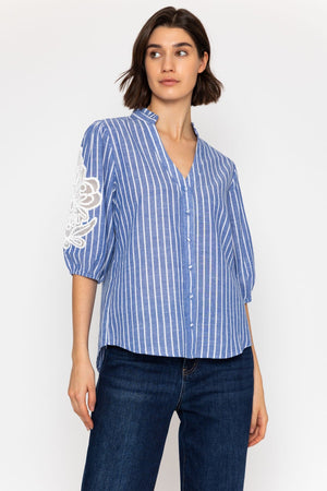 Carraig Donn Cotton Blend Embroidered Shirt in Denim Blue