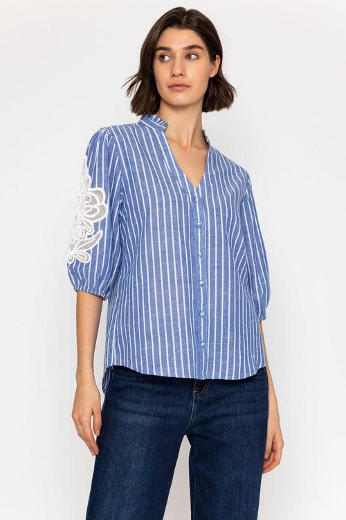 Cotton Blend Embroidered Shirt in Denim Blue