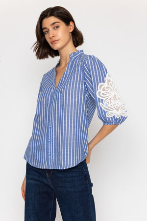 Carraig Donn Cotton Blend Embroidered Shirt in Denim Blue