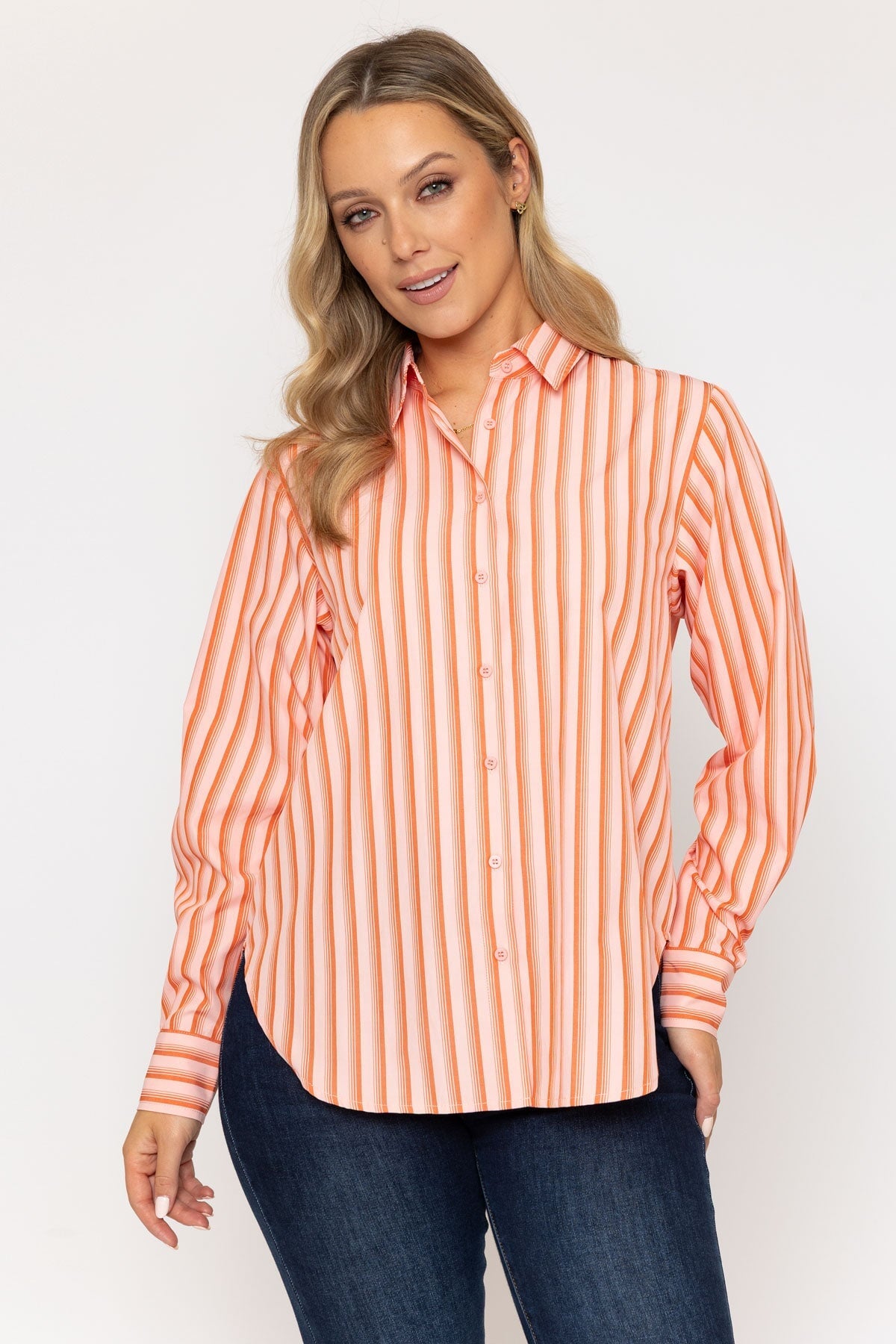 Cotton Blend Orange Striped Shirt