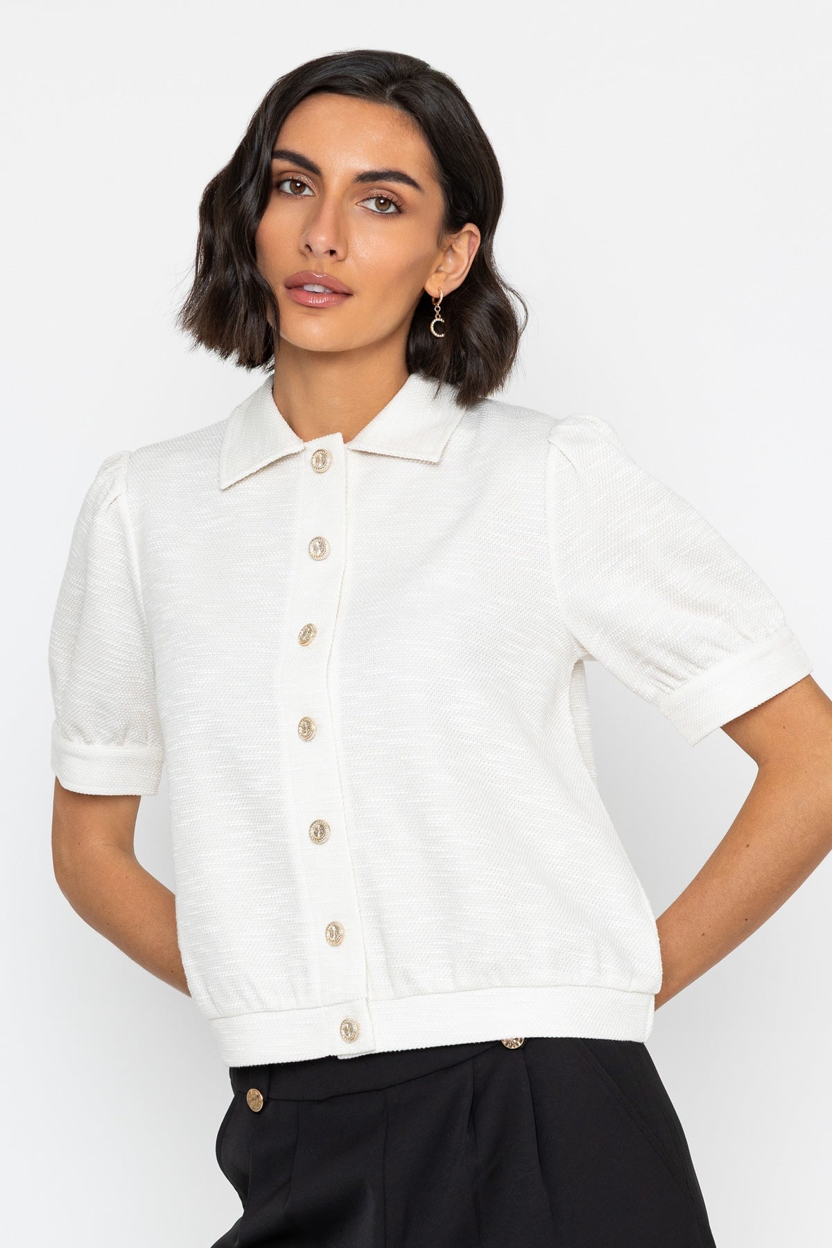 Cream Boucle Top with Gold Buttons