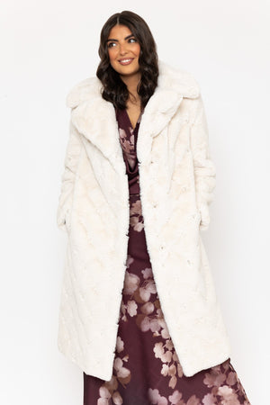 Carraig Donn Cream Diamond Faux Fur Longline Coat