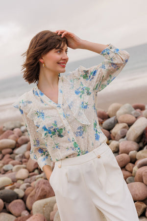 Carraig Donn Cream Dobby Blouse with Blue Floral Print