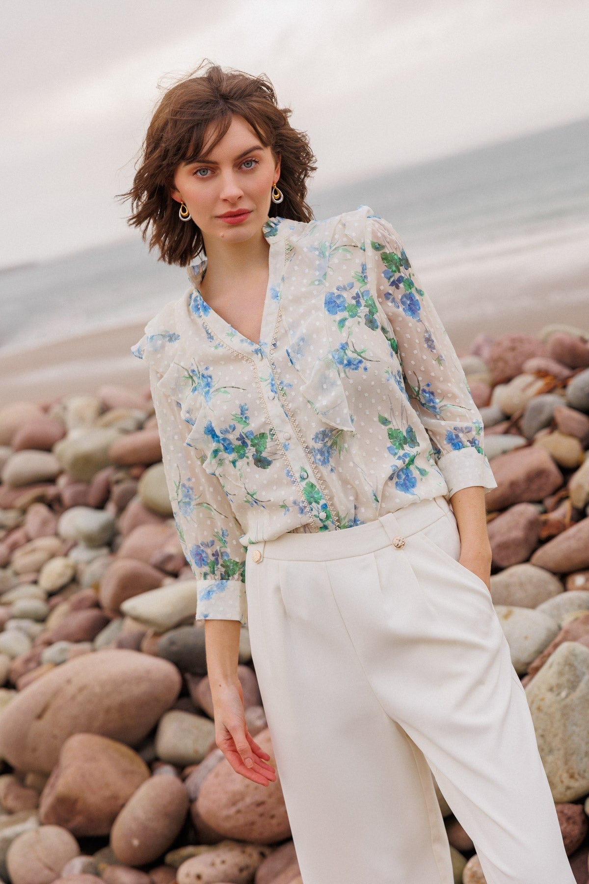 Cream Dobby Blouse with Blue Floral Print