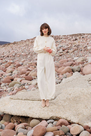 Carraig Donn Cream High-Waist Trousers with Gold Buttons