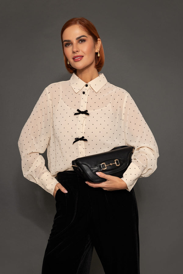 Carraig Donn Cream Long Sleeve Polka Dot Blouse with Bow Details