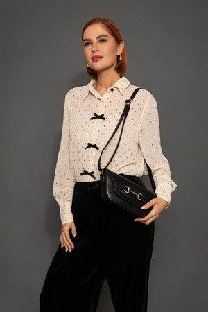 Carraig Donn Cream Long Sleeve Polka Dot Blouse with Bow Details