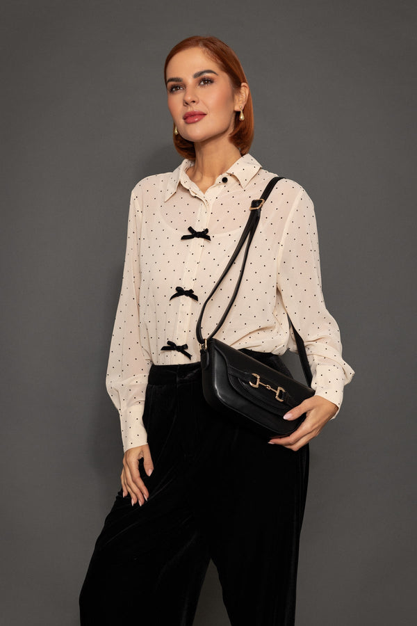 Carraig Donn Cream Long Sleeve Polka Dot Blouse with Bow Details