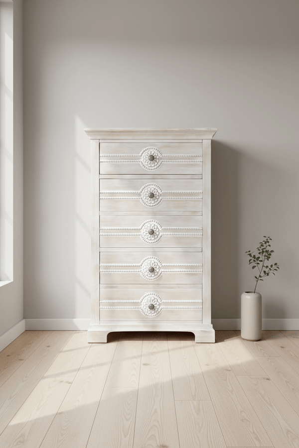 Carraig Donn Cream Nantes 5 Drawer Wood Tallboy