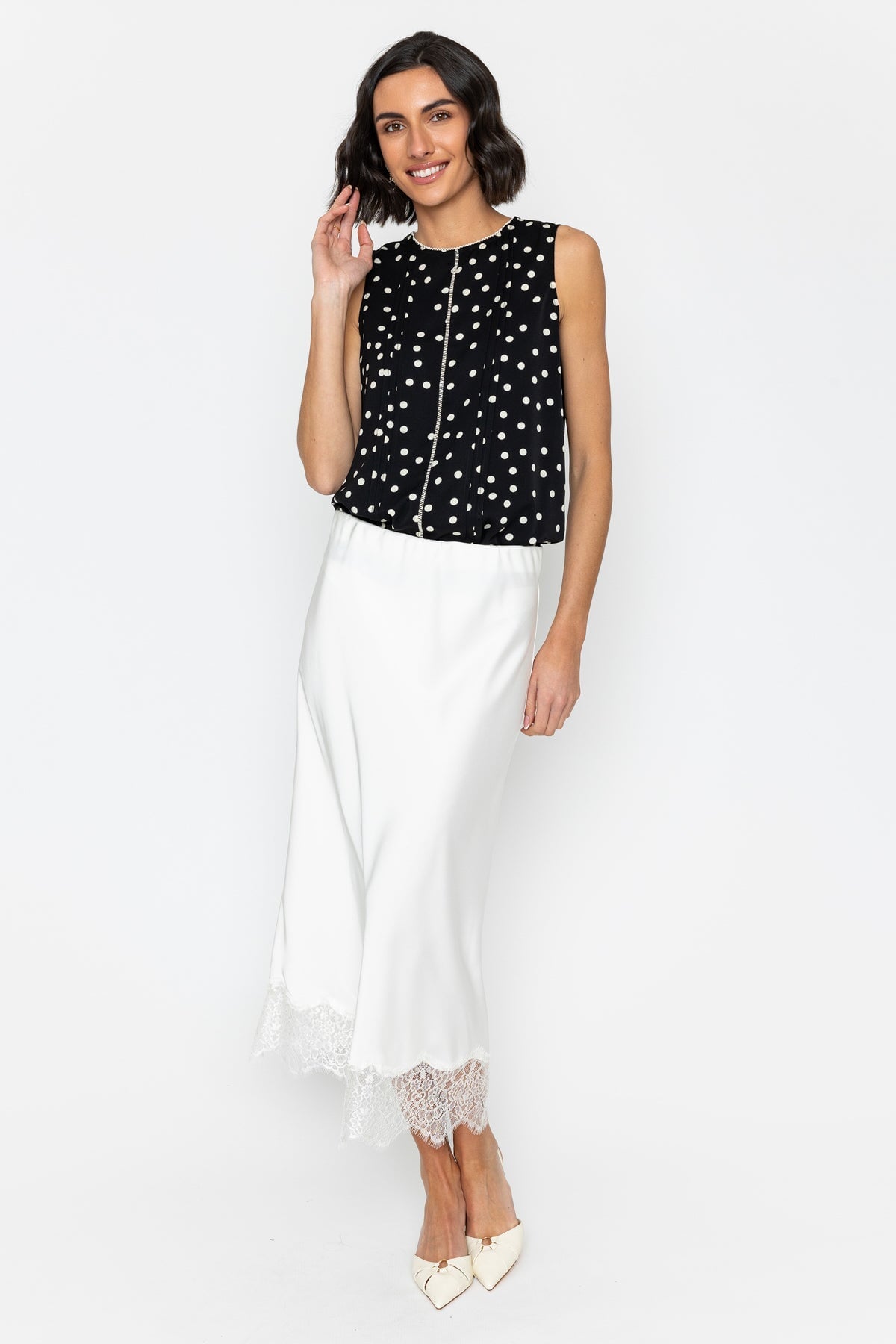 Cream Satin Skirt With Lace Detail