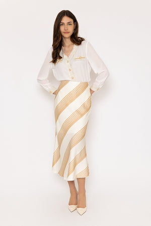 Cream Satin Stripe Midi Skirt