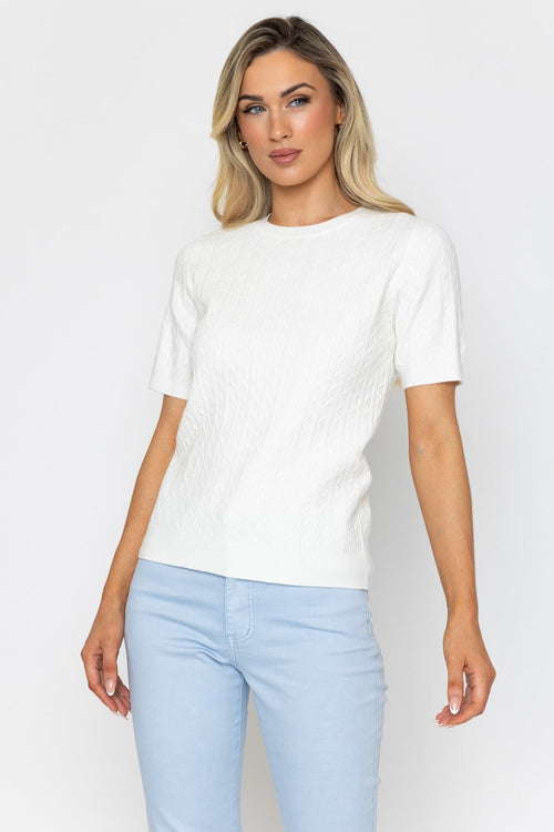 Cream Short Sleeve Cable Knit Top