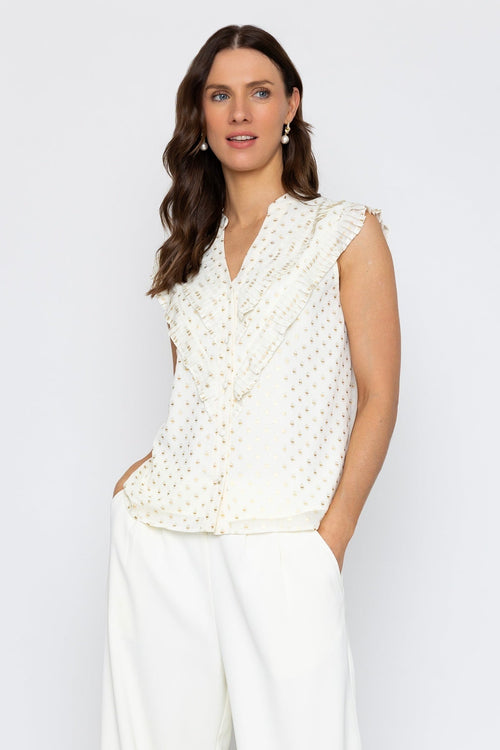 Cream Sleeveless Ruffle Top with Metallic Polka Dots