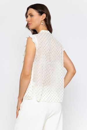 Carraig Donn Cream Sleeveless Ruffle Top with Metallic Polka Dots