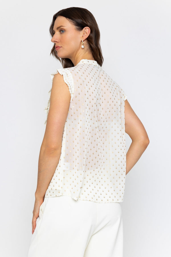 Carraig Donn Cream Sleeveless Ruffle Top with Metallic Polka Dots