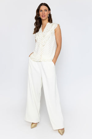 Carraig Donn Cream Sleeveless Ruffle Top with Metallic Polka Dots