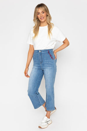 Carraig Donn Cropped Wide Leg Jeans With Embroidery