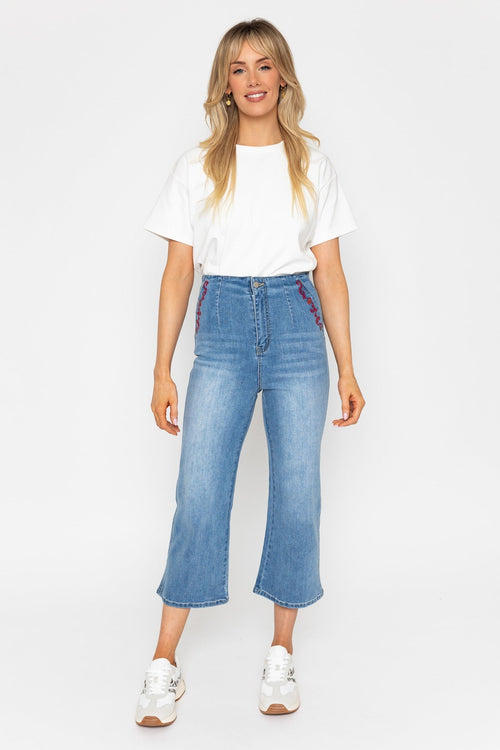 Cropped Wide Leg Jeans With Embroidery