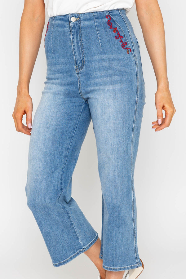 Carraig Donn Cropped Wide Leg Jeans With Embroidery